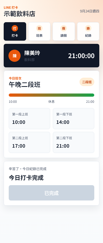 現有 LINE 打卡介面，顯示二段班四筆紀錄；以虛構資料呈現